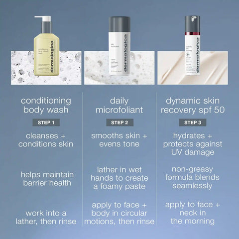 men's daily face + body  skin care routine set (3 full-size + bag)