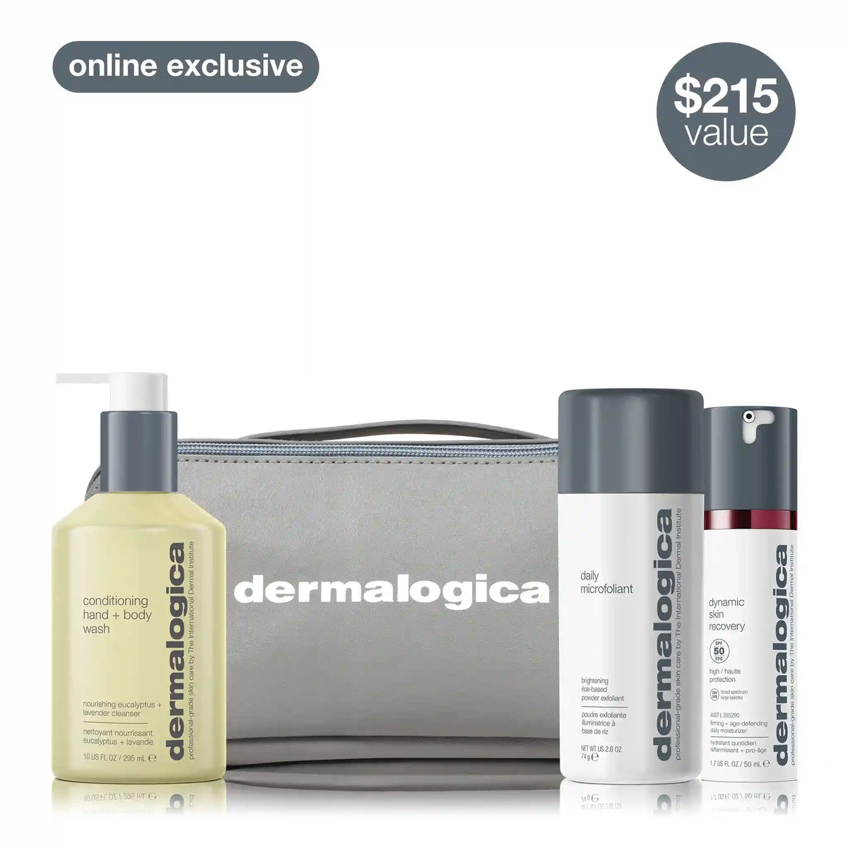 men's daily face + body  skin care routine set (3 full-size + bag)